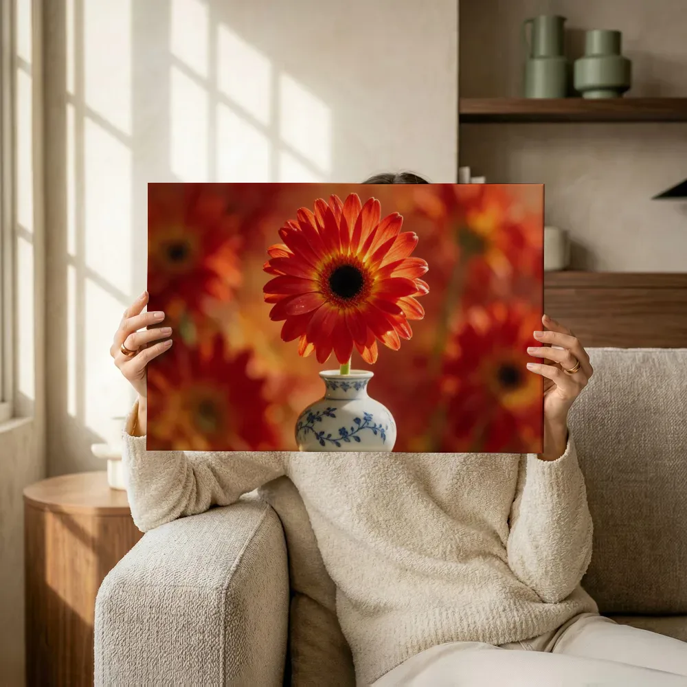 Sfeerimpressie: Gerbera in volle zon, vuurrood 4 terwijl het omhoog wordt gehouden