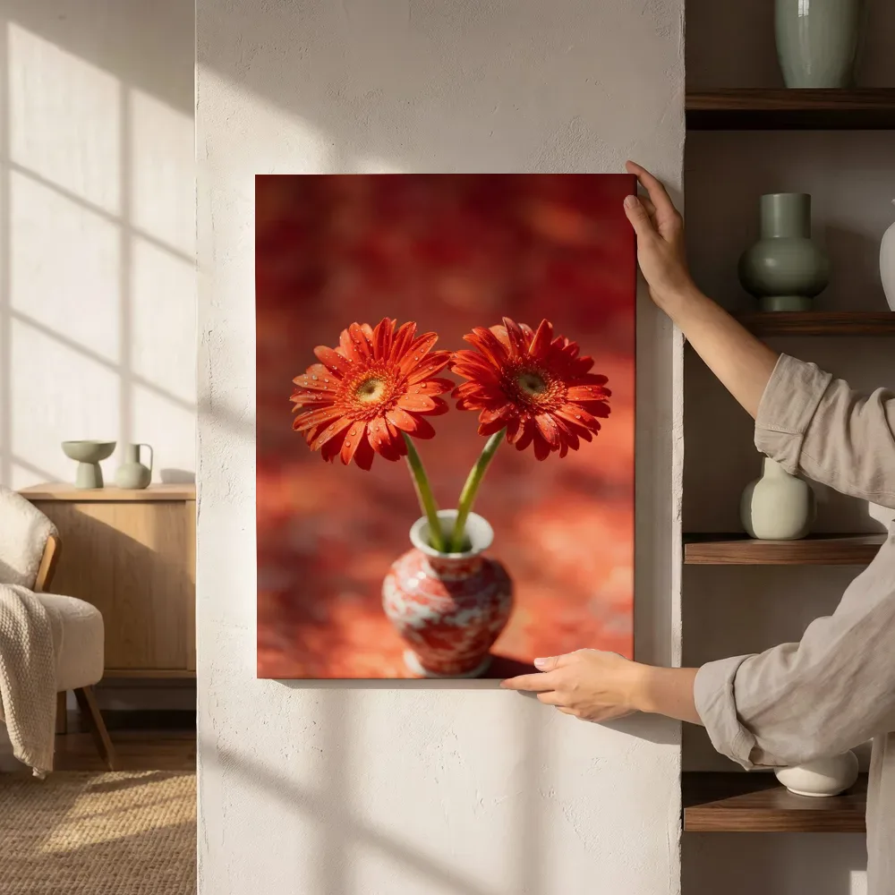 Sfeerimpressie: Gerbera in volle zon, vuurrood naast de kast