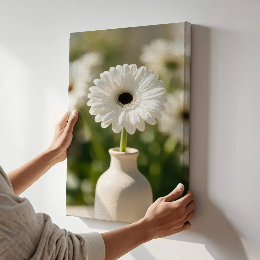 Sfeerimpressie: Gerbera in volle zon, wit terwijl het aan de muur wordt gehangen