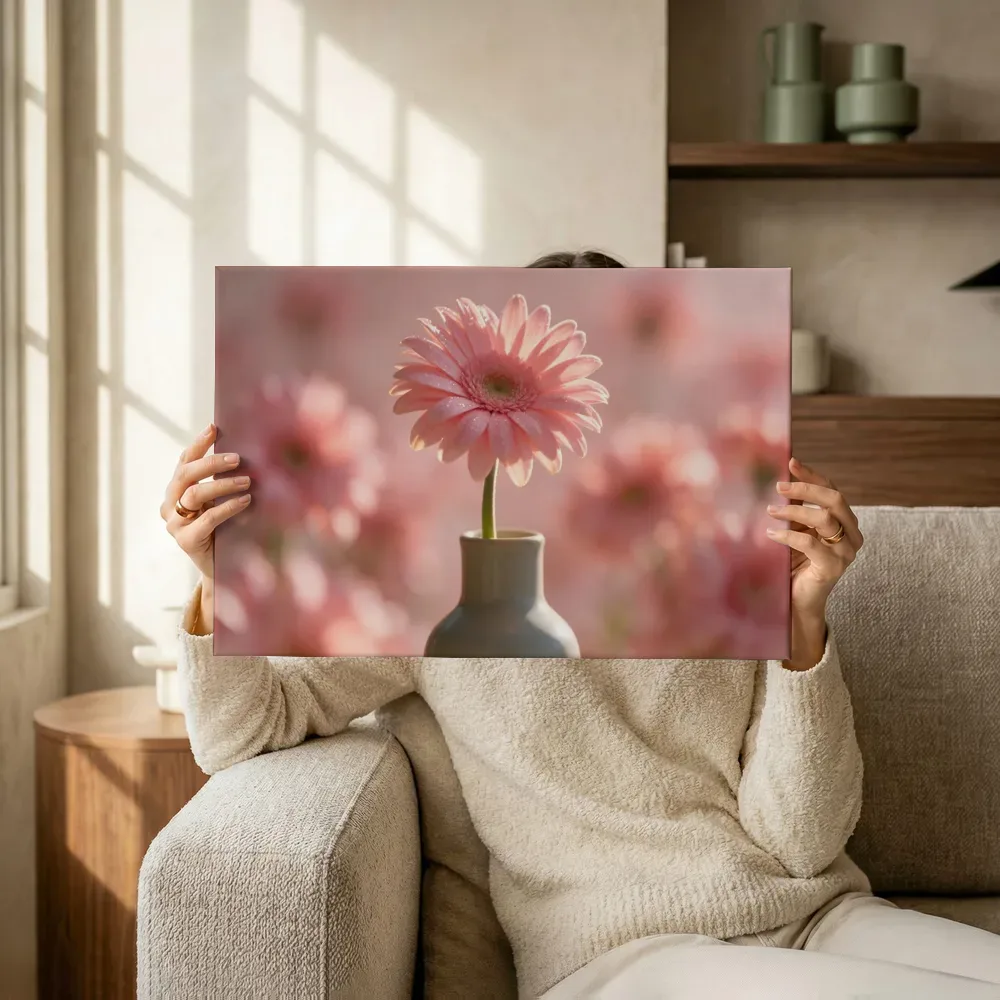 Sfeerimpressie: Gerbera in volle zon, zachtroze 2 terwijl het omhoog wordt gehouden