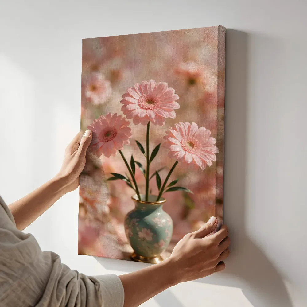 Sfeerimpressie: Gerbera in volle zon, zachtroze 3 terwijl het aan de muur wordt gehangen