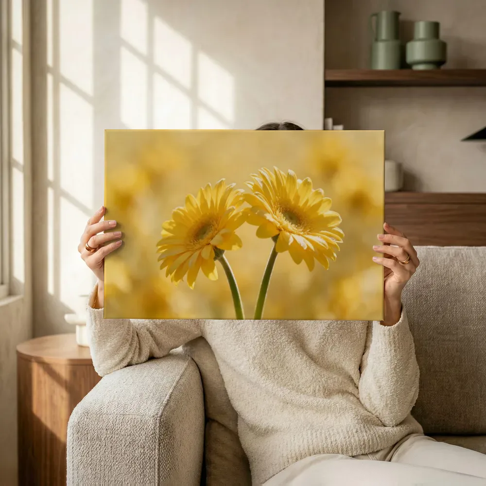 Sfeerimpressie: Gerbera in volle zon, zonnegeel 3 terwijl het omhoog wordt gehouden