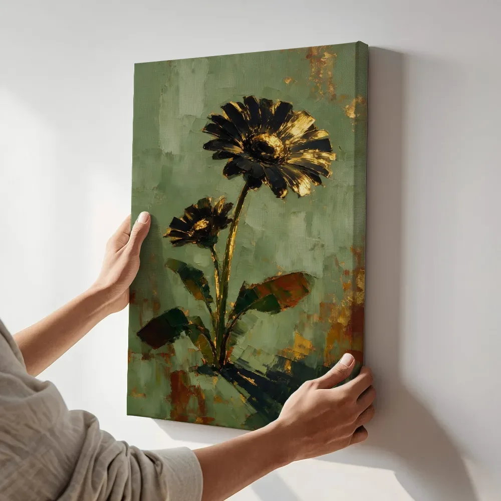 Sfeerimpressie: Gerbera in zwartgoud terwijl het aan de muur wordt gehangen