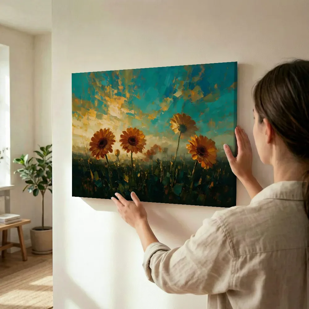 Sfeerimpressie: Gerbera onder de hemel in roestturkoois terwijl het wordt opgehangen