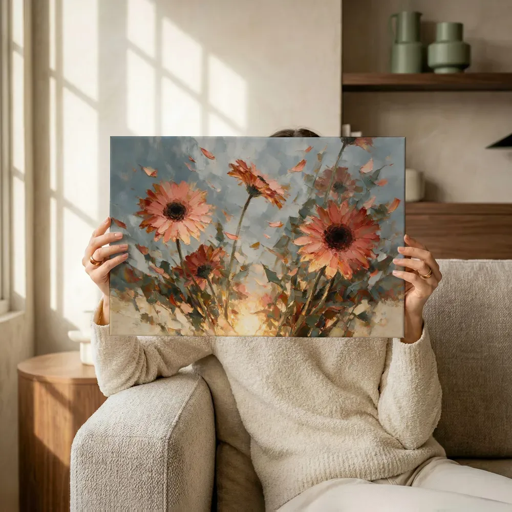 Sfeerimpressie: Gerbera tegen de lucht in koraal terwijl het omhoog wordt gehouden