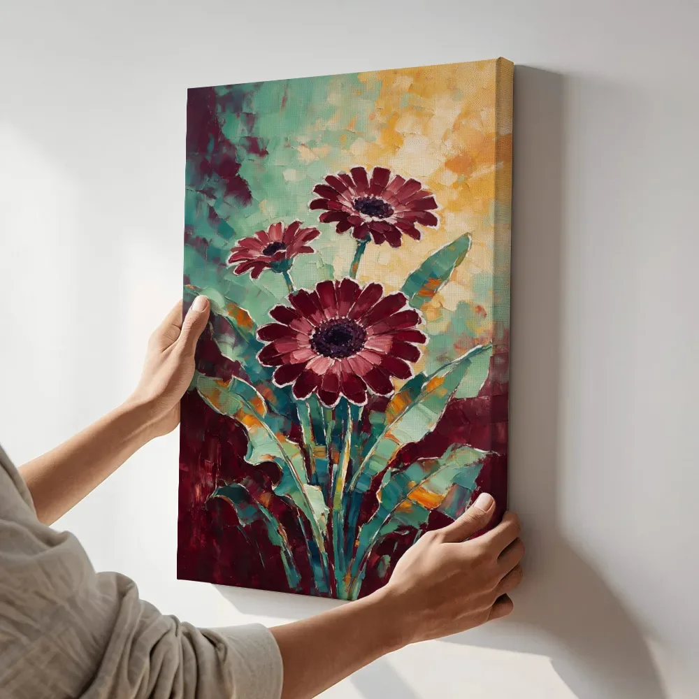 Sfeerimpressie: Gerbera tegen de lucht in wijnmint terwijl het aan de muur wordt gehangen