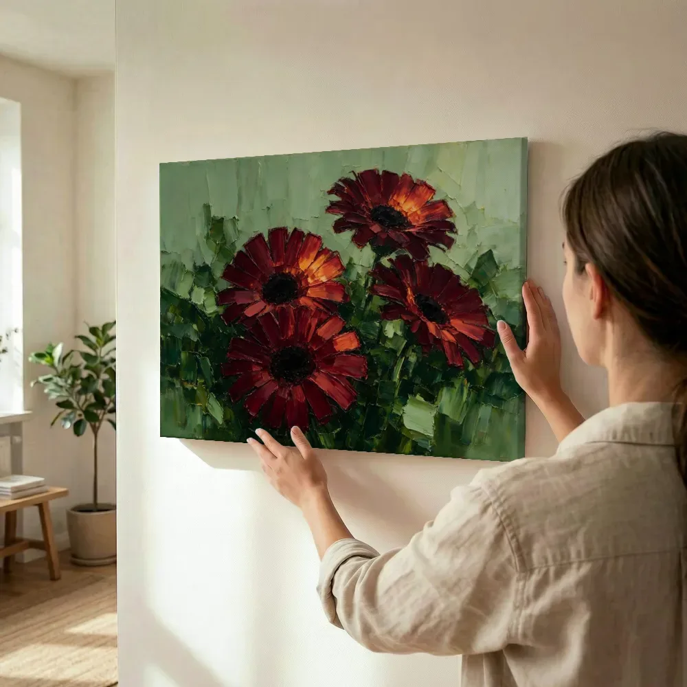 Sfeerimpressie: Gerbera van dichtbij in bordeaux terwijl het wordt opgehangen