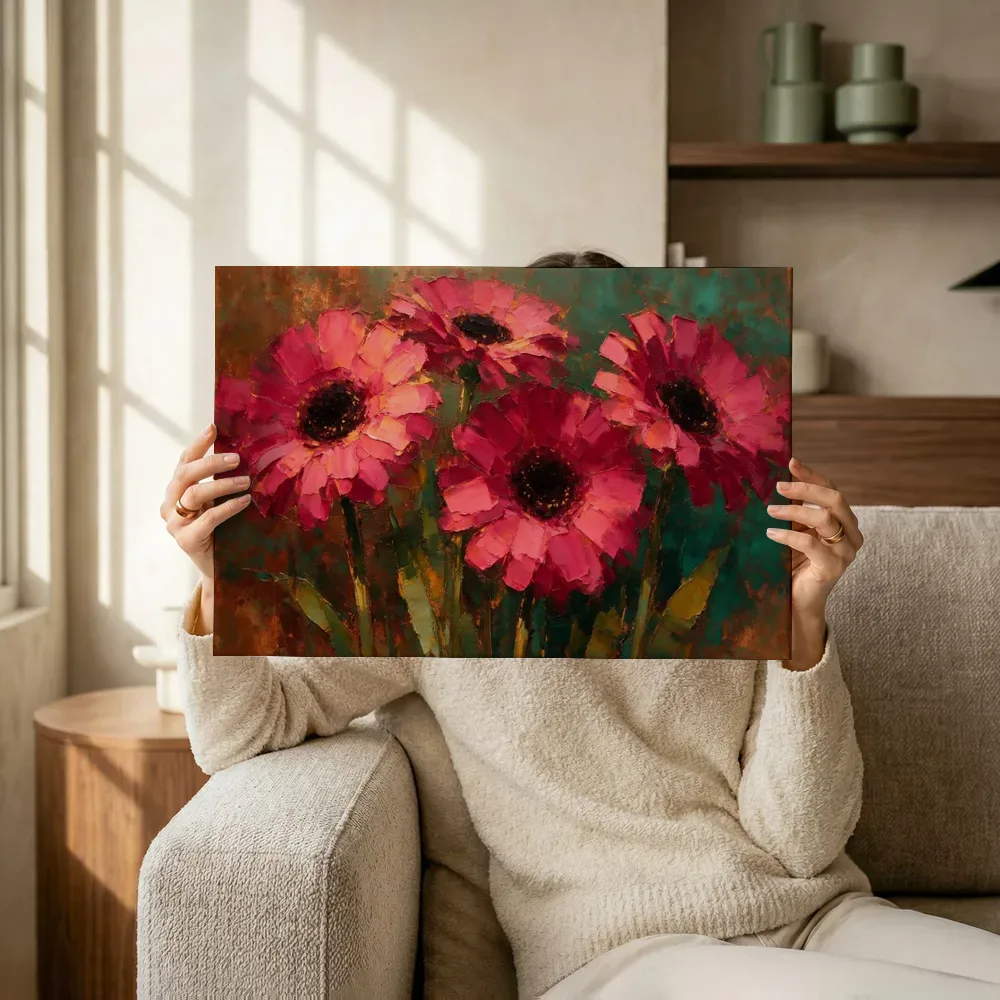 Sfeerimpressie: Gerbera van dichtbij in fuchsia terwijl het omhoog wordt gehouden