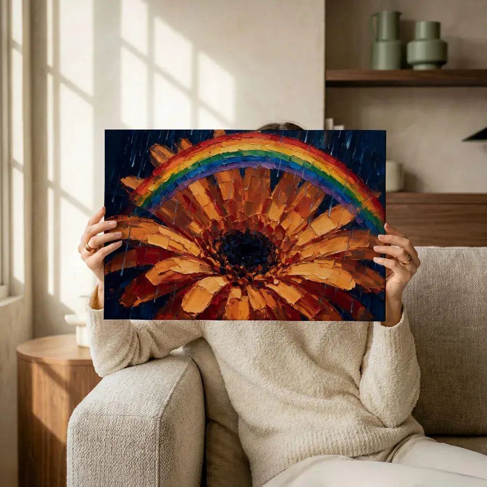Sfeerimpressie: Gerbera van dichtbij in terracotta terwijl het omhoog wordt gehouden
