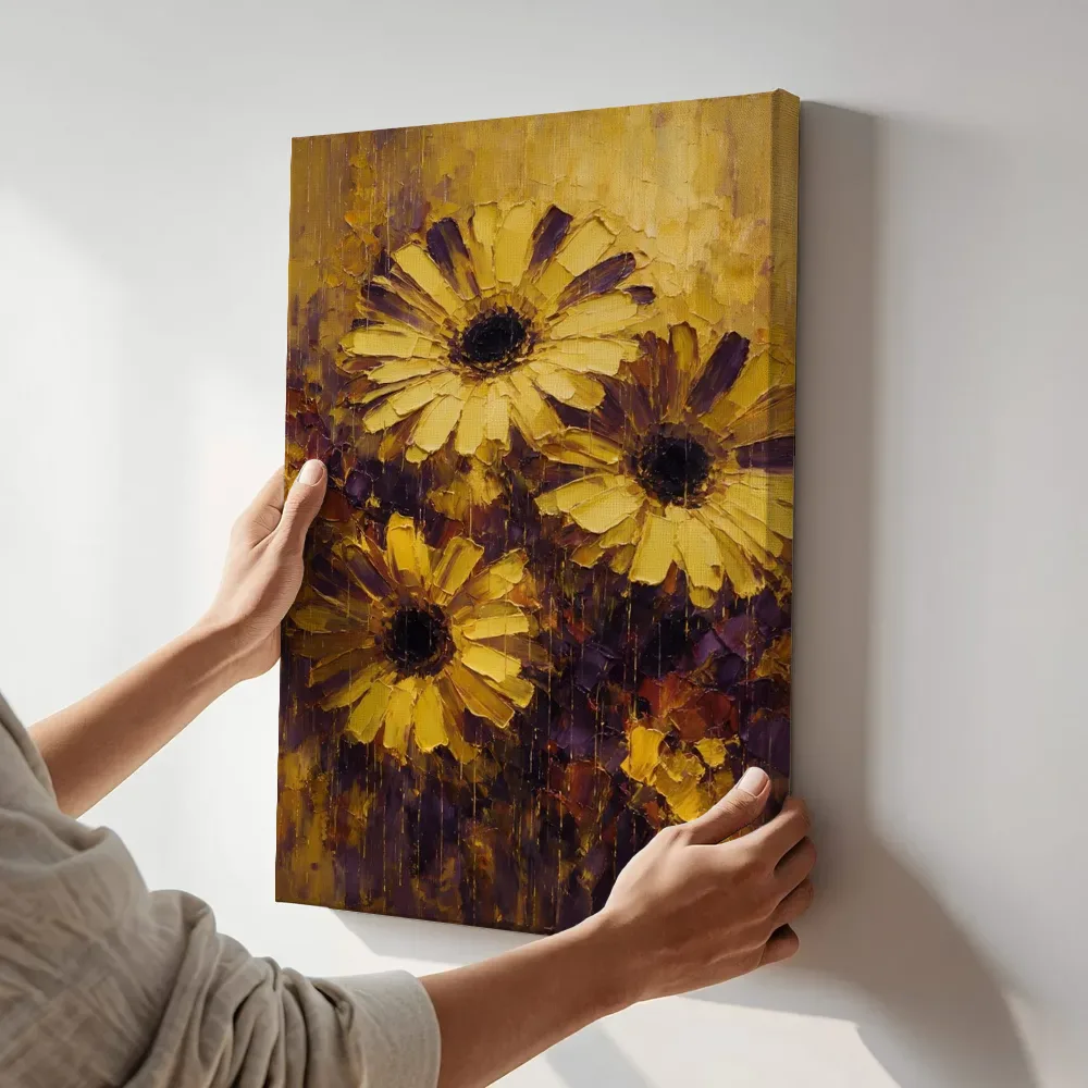 Sfeerimpressie: Gerbera van dichtbij in zwavelviolet terwijl het aan de muur wordt gehangen