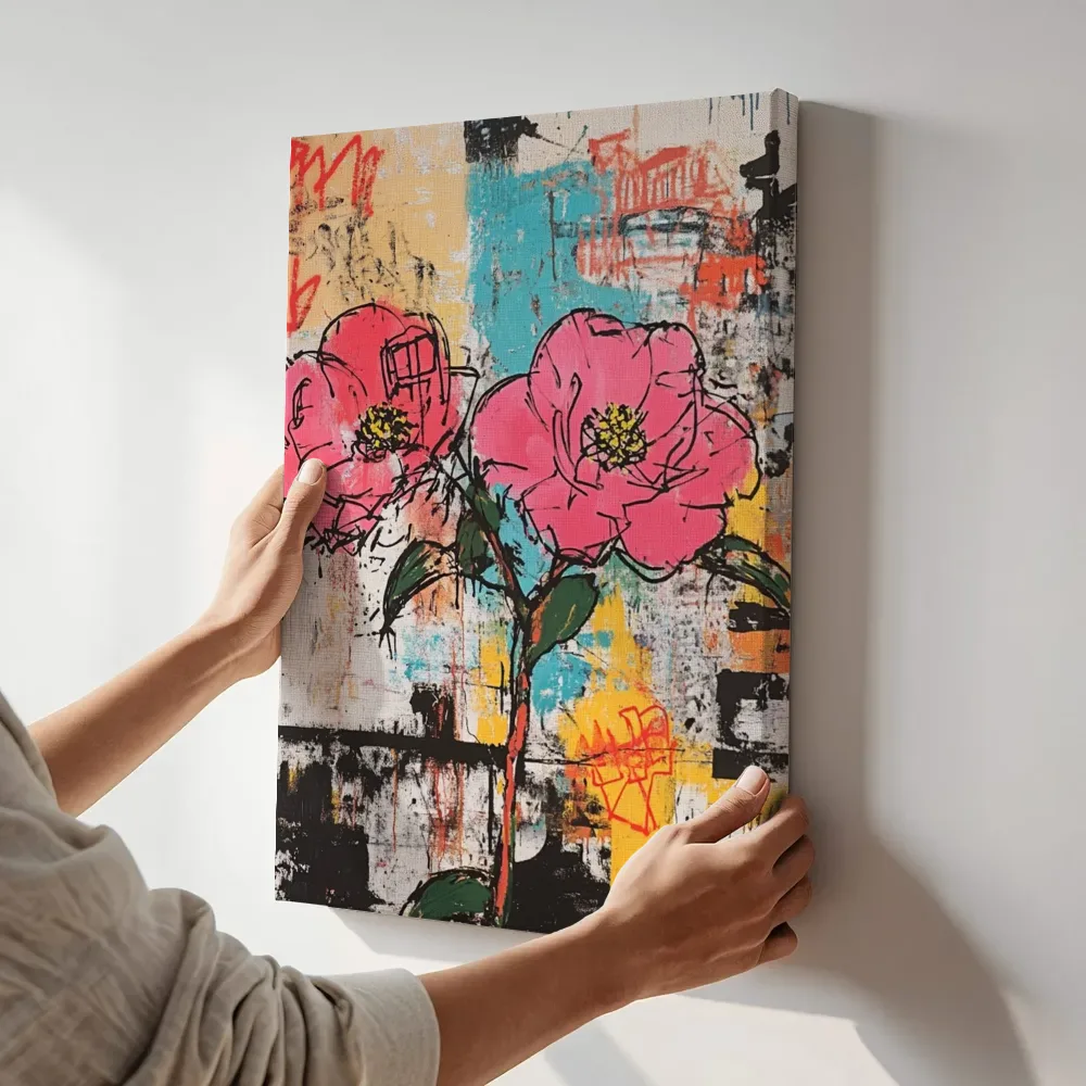 Sfeerimpressie: Geschetste rozen op kleurvlakken terwijl het aan de muur wordt gehangen
