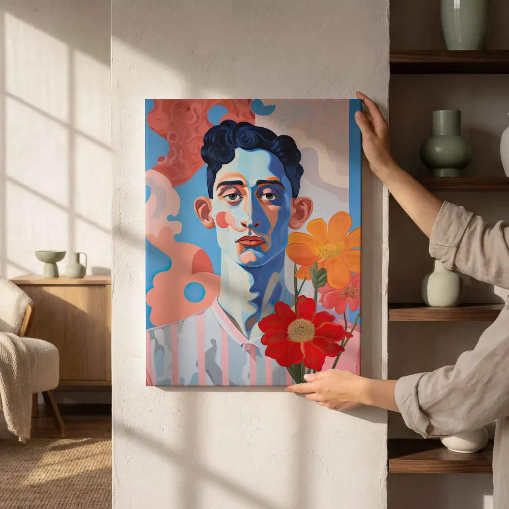 Sfeerimpressie: Geschilderde man met blauwe schaduwen en bloemen naast de kast