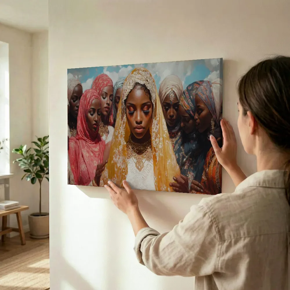 Sfeerimpressie: Gesluierde vrouwen portret terwijl het wordt opgehangen