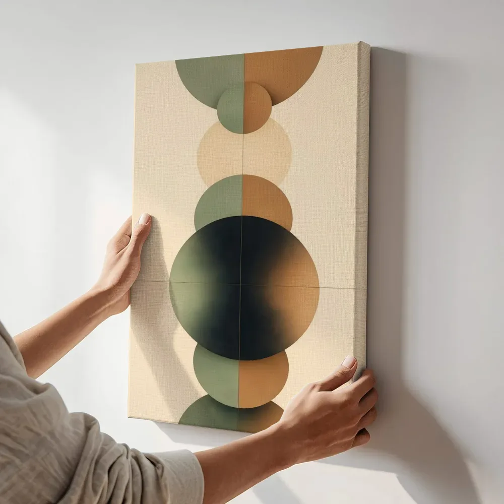 Sfeerimpressie: Gestapelde cirkels Geometric Earth 16 terwijl het aan de muur wordt gehangen