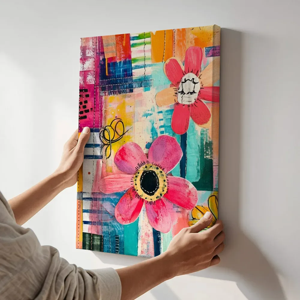 Sfeerimpressie: Gestikte bloemencollage terwijl het aan de muur wordt gehangen