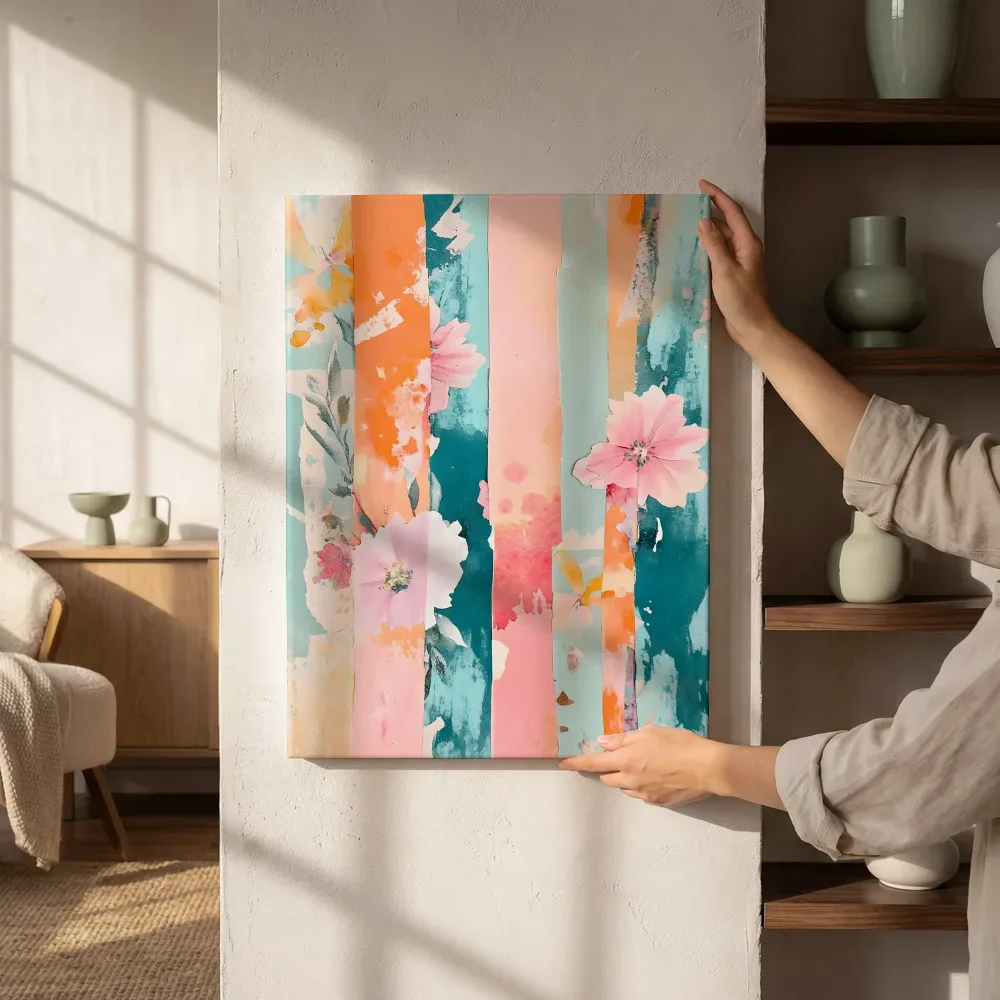 Sfeerimpressie: Gestreepte bloemen collage naast de kast