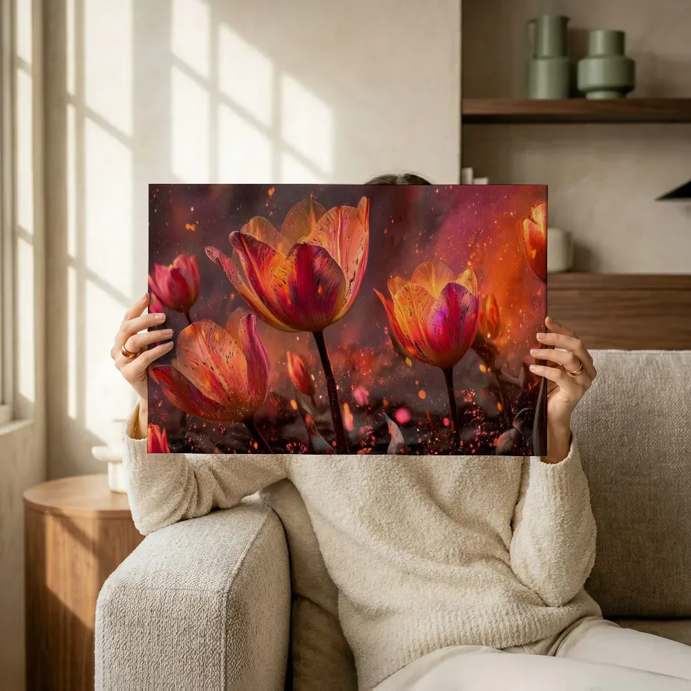 Sfeerimpressie: Getekende tulpen in vuurtinten terwijl het omhoog wordt gehouden