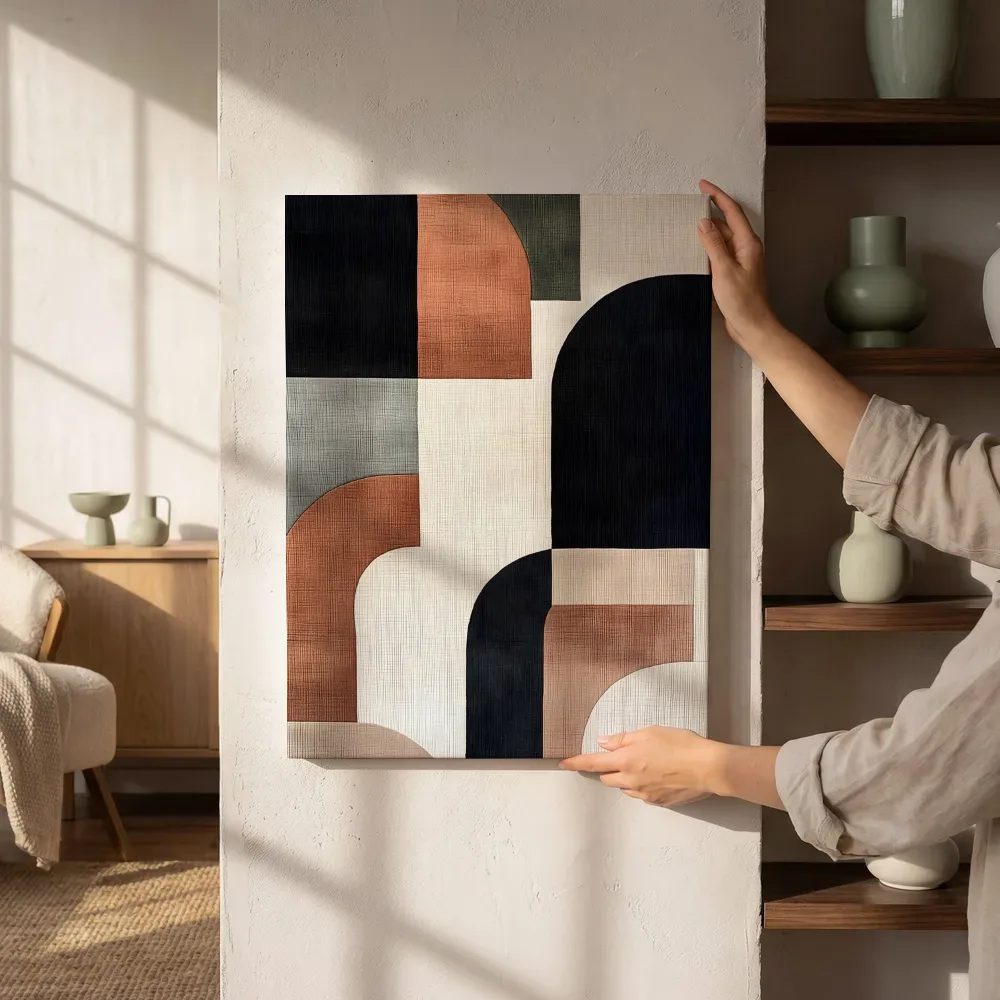 Sfeerimpressie: Getextureerde art deco bogen in terracotta en zwart naast de kast