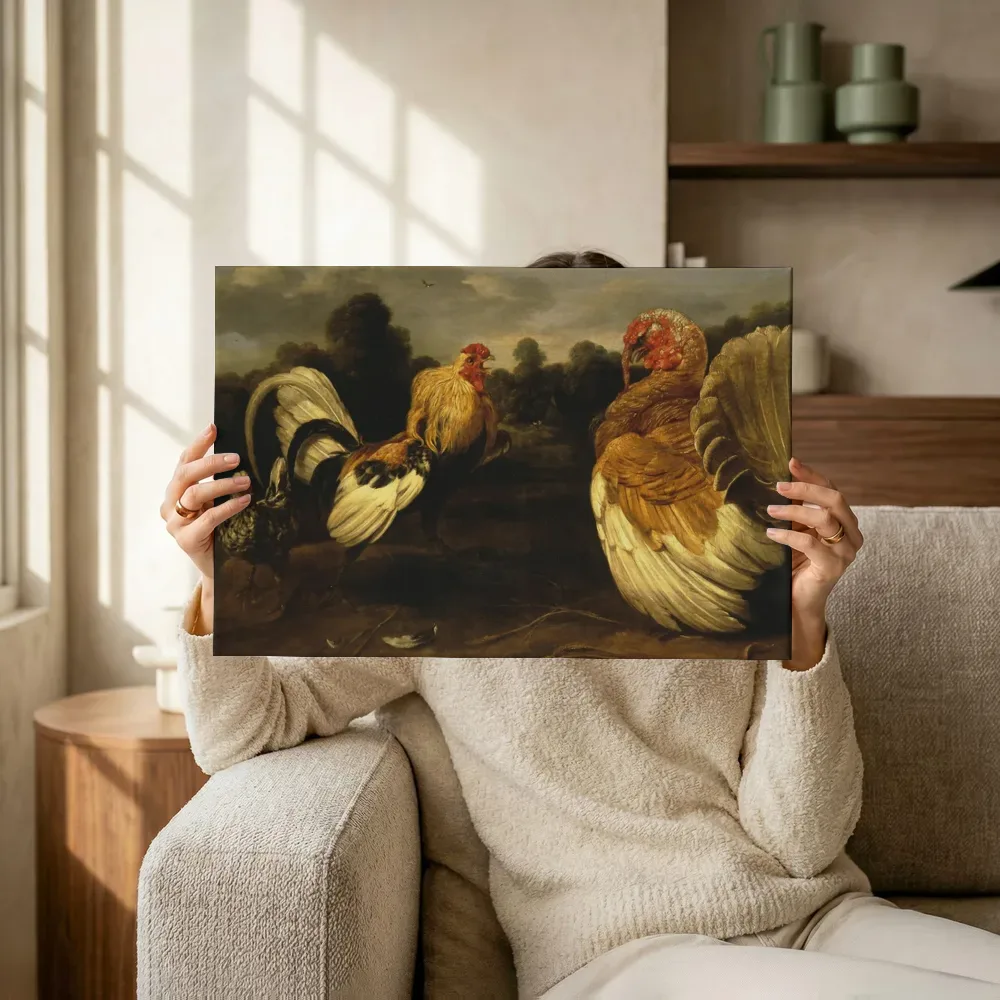 Sfeerimpressie: Gevecht tussen een haan en een kalkoen van Frans Snyders terwijl het omhoog wordt gehouden