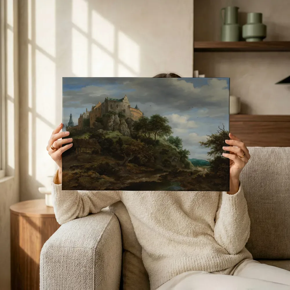Sfeerimpressie: Gezicht op Burg Bentheim van Jacob van Ruisdael terwijl het omhoog wordt gehouden