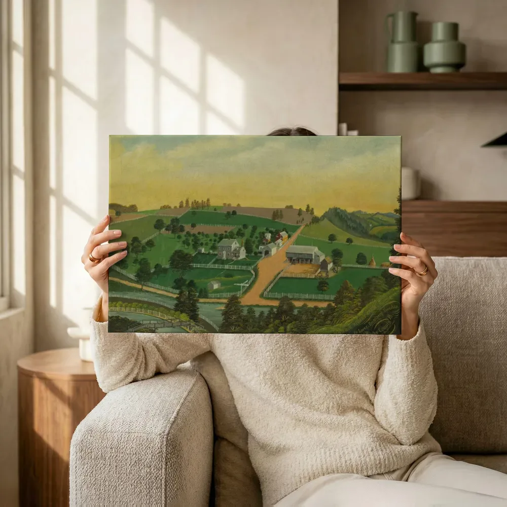 Sfeerimpressie: Gezicht op de boerderij van Benjamin Reber van Charles C. Hofmann terwijl het omhoog wordt gehouden
