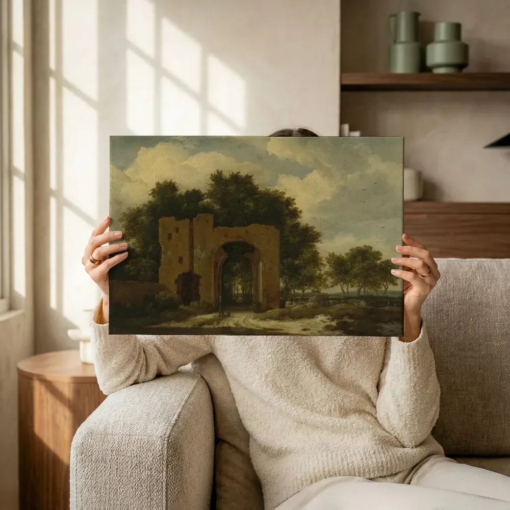 Sfeerimpressie: Gezicht op de poort van Huis ter Kleef bij Haarlem (?) van Jacob van Ruisdael terwijl het omhoog wordt gehouden