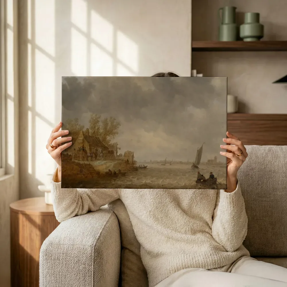 Sfeerimpressie: Gezicht op Dordrecht vanuit Papendrecht van Jan van Goyen terwijl het omhoog wordt gehouden