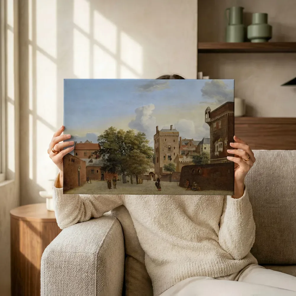 Sfeerimpressie: Gezicht op een plein met wandelaars, vroege jaren 1660 van Jan van der Heyden terwijl het omhoog wordt gehouden