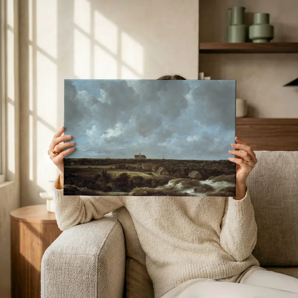 Sfeerimpressie: Gezicht op Haarlem vanuit het zuiden met bleekvelden van Jacob van Ruisdael terwijl het omhoog wordt gehouden