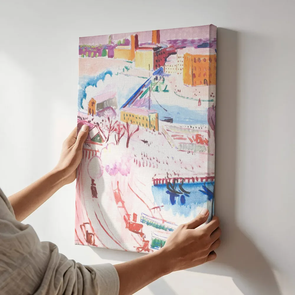 Sfeerimpressie: Gezicht op Stockholm van Isaac Grünewald terwijl het aan de muur wordt gehangen