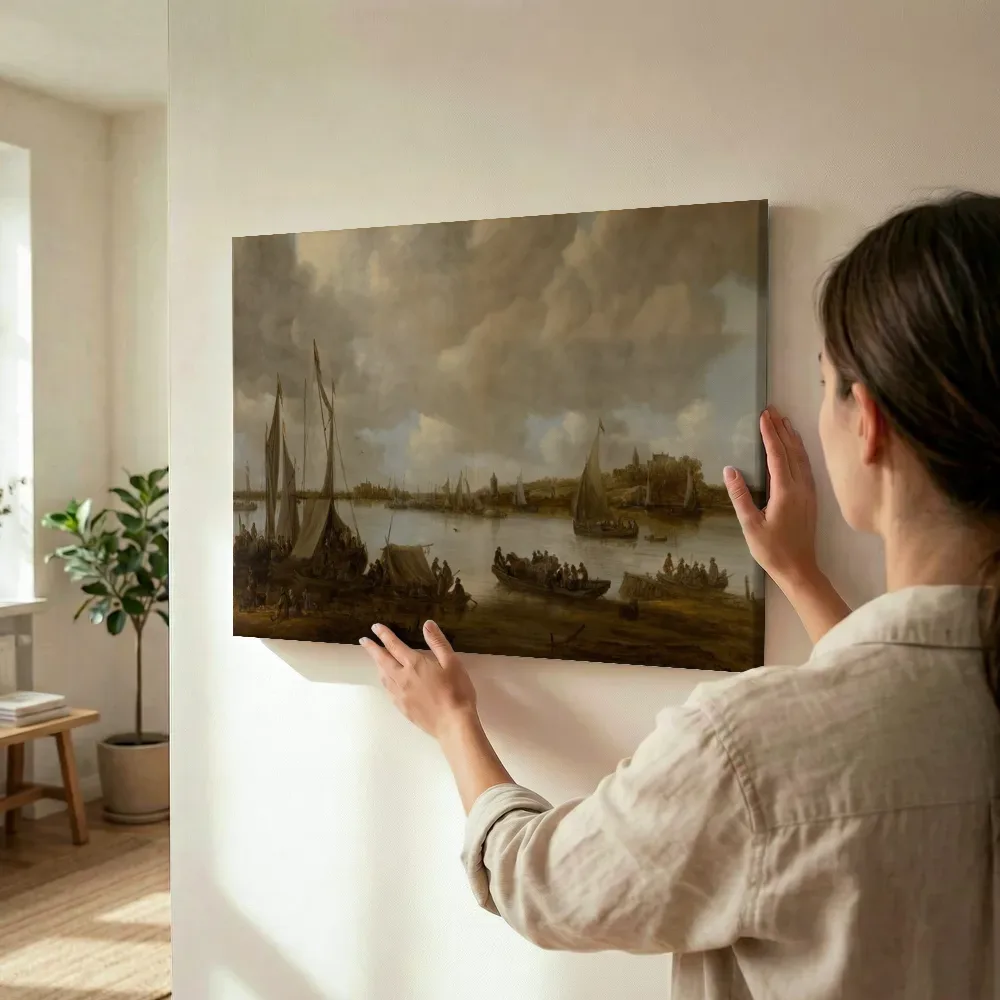 Sfeerimpressie: Gezicht over de Rijn naar de Eltense berg van Jan van Goyen terwijl het wordt opgehangen
