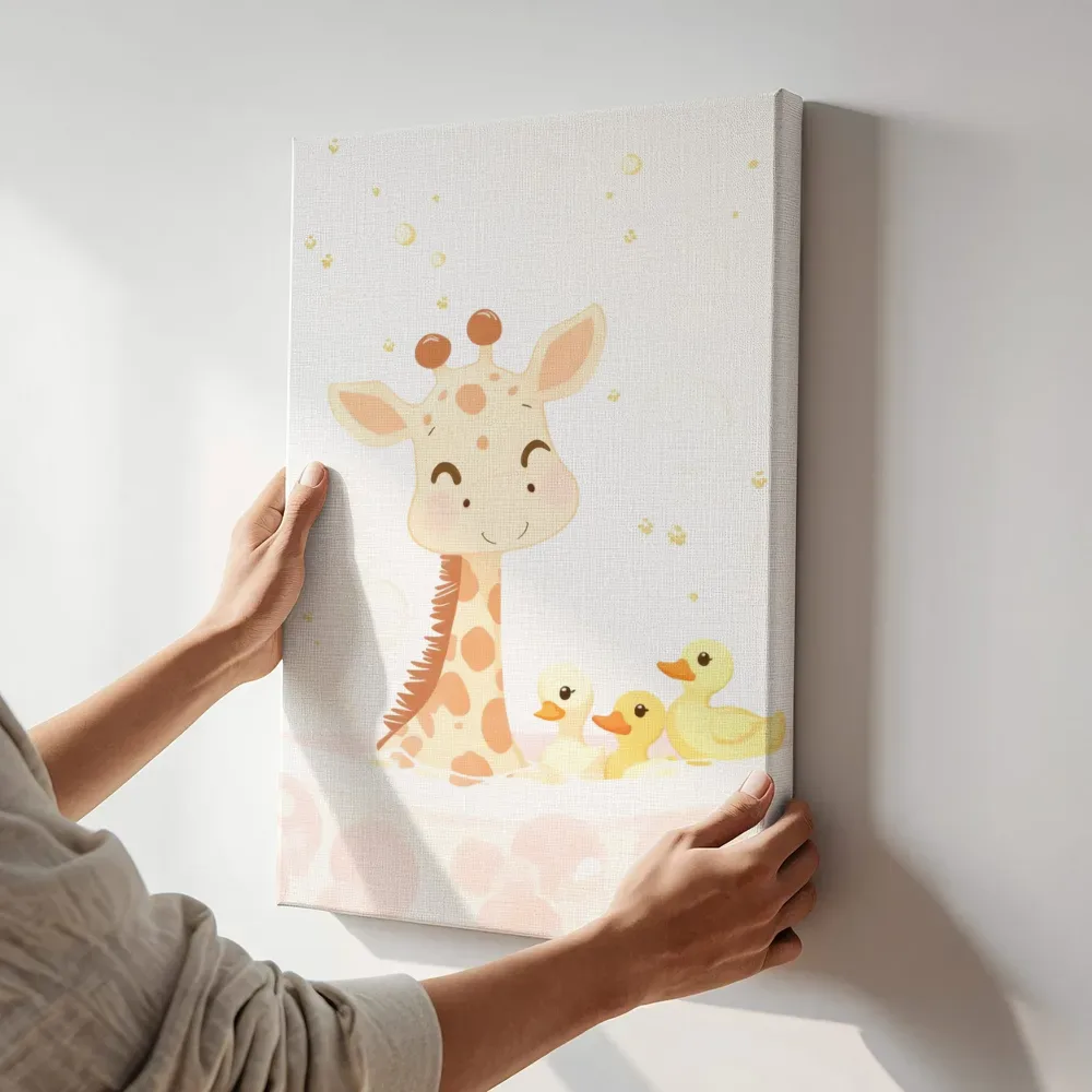 Sfeerimpressie: Giraf in bad met eendjes terwijl het aan de muur wordt gehangen