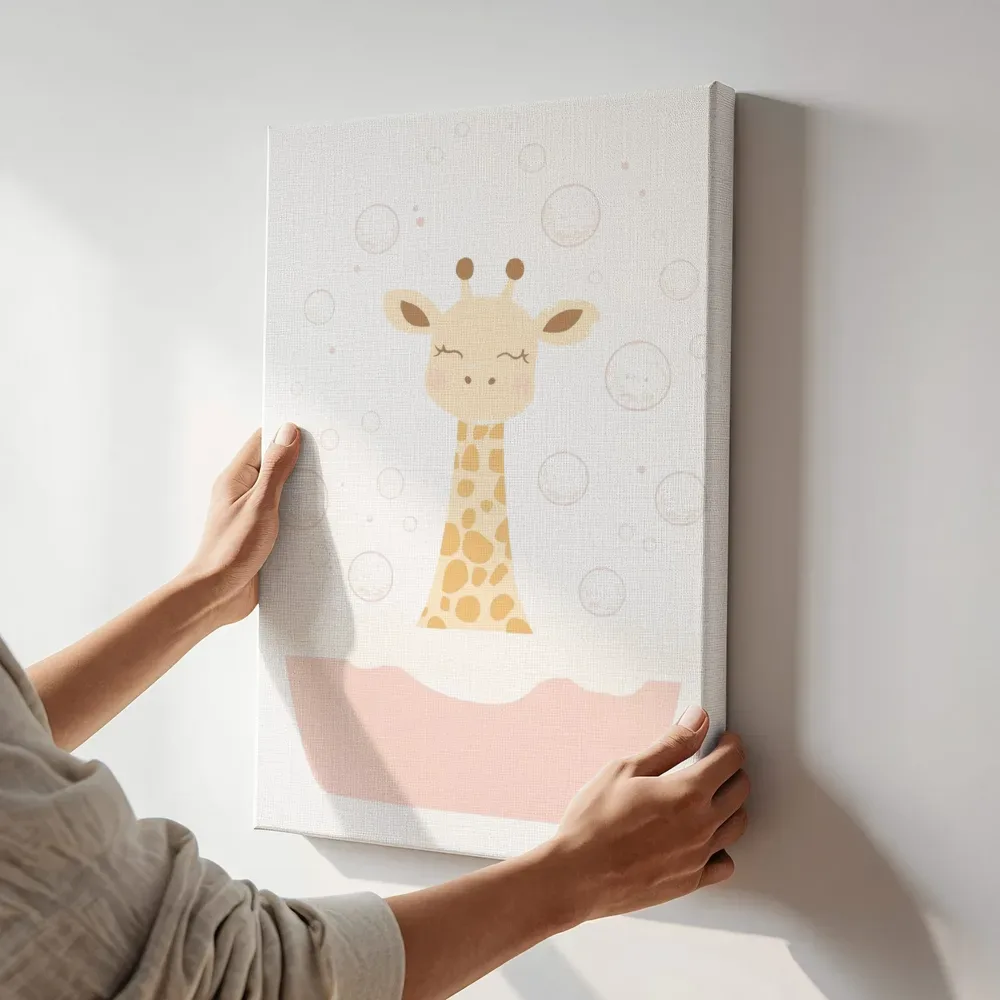 Sfeerimpressie: Giraffe in bubbelbad terwijl het aan de muur wordt gehangen