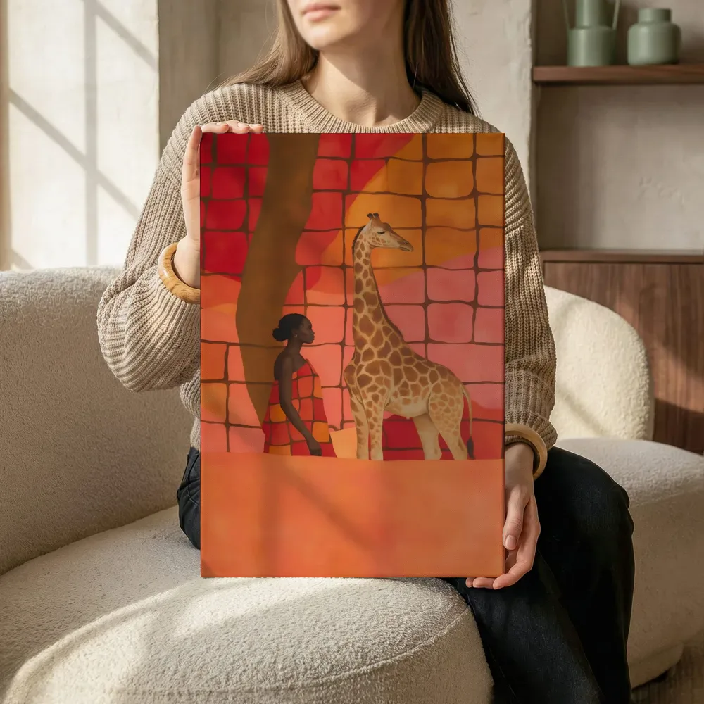 Sfeerimpressie: Giraffe in warme kleuren bij elkaar terwijl het zittend wordt getoond