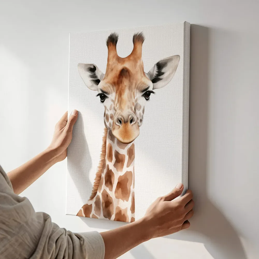 Sfeerimpressie: Giraffe portret in aquarel terwijl het aan de muur wordt gehangen