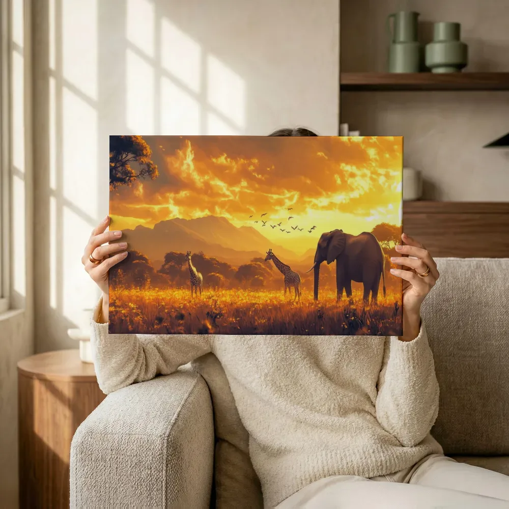 Sfeerimpressie: Giraffen en olifant bij zonsondergang terwijl het omhoog wordt gehouden