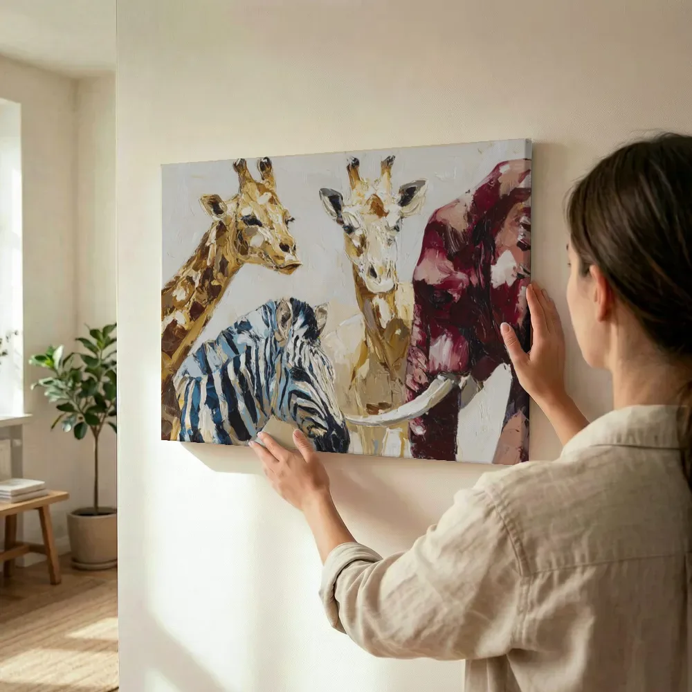 Sfeerimpressie: Giraffen, zebra en olifant terwijl het wordt opgehangen