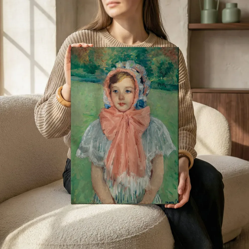 Sfeerimpressie: Meisje met een muts met een grote roze strik van Mary Cassatt terwijl het zittend wordt getoond