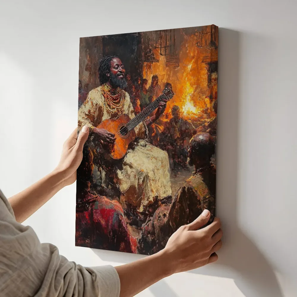 Sfeerimpressie: Gitarist bij het kampvuur terwijl het aan de muur wordt gehangen