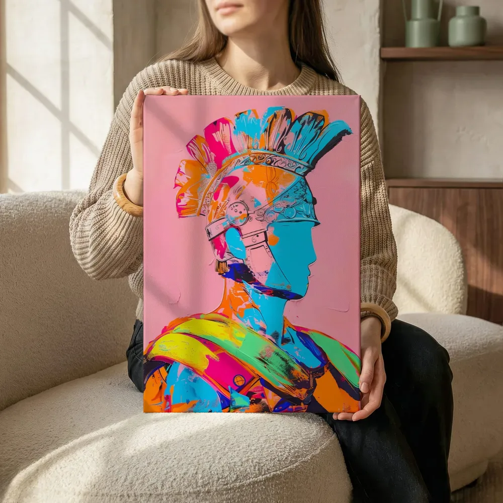 Sfeerimpressie: Gladiatorhelm in pop-art terwijl het zittend wordt getoond