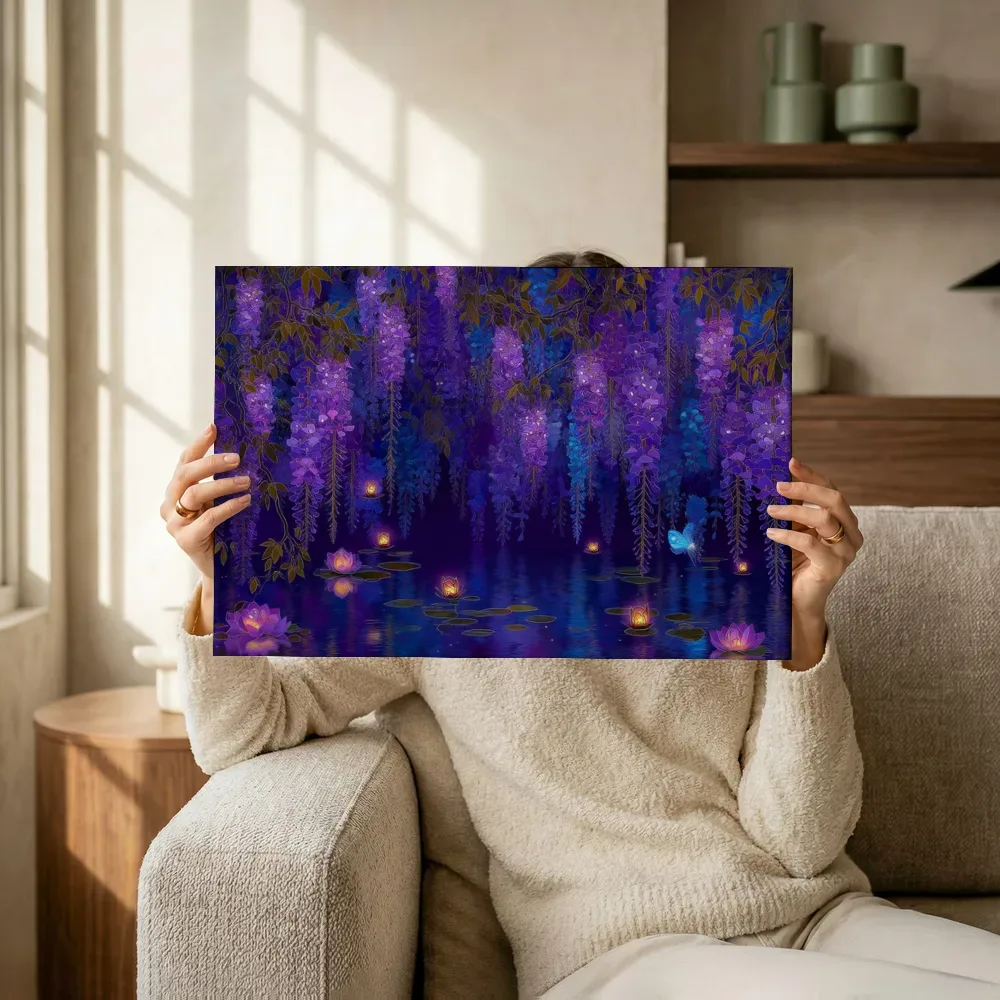 Sfeerimpressie: Glas-in-lood wisteria bij de vijver terwijl het omhoog wordt gehouden