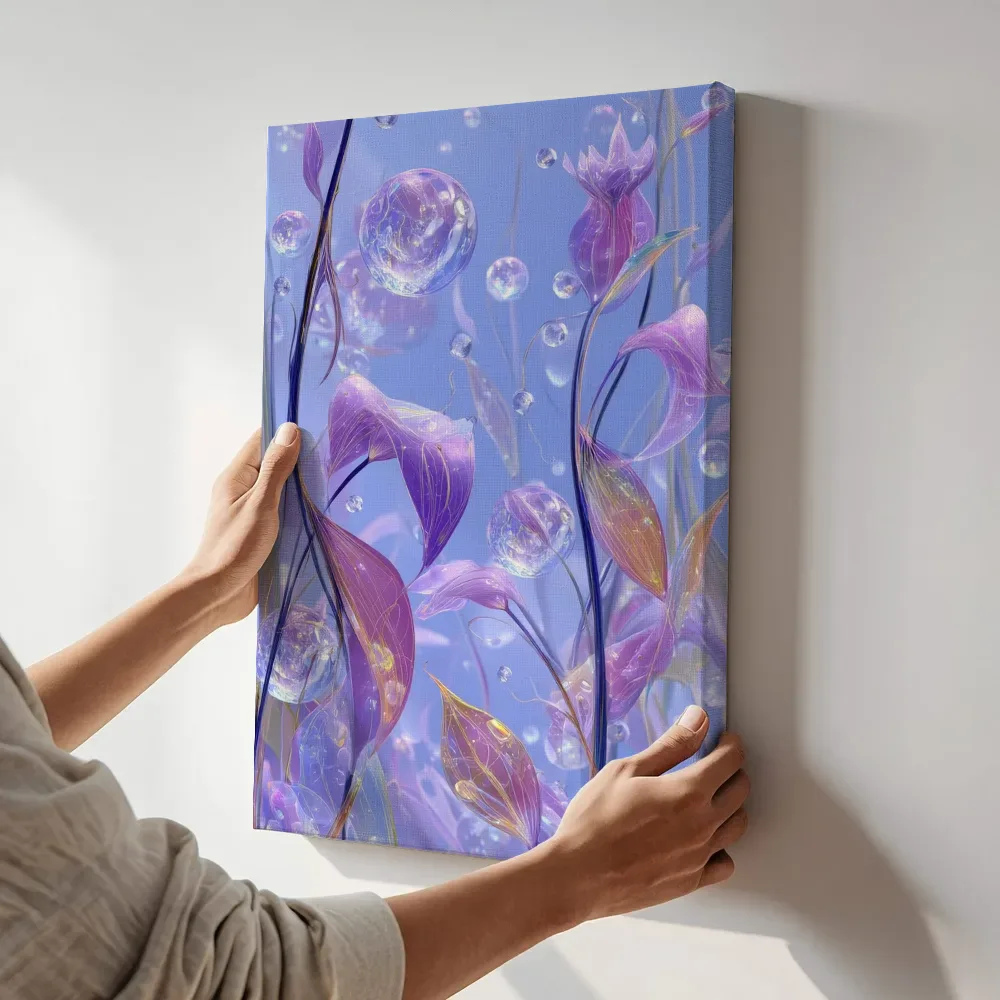 Sfeerimpressie: Glazen bloemen in hemelsblauw terwijl het aan de muur wordt gehangen