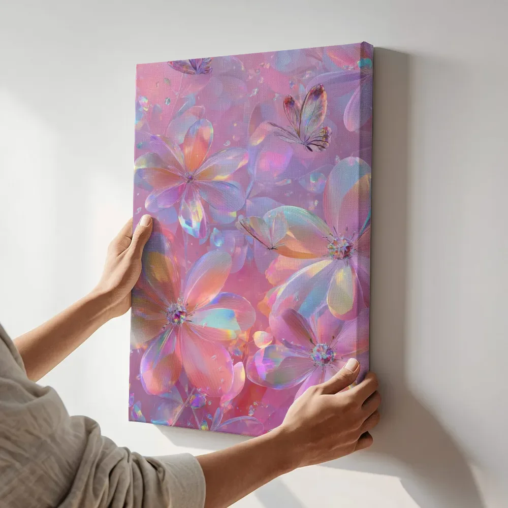Sfeerimpressie: Glazen bloementuin in roze tinten terwijl het aan de muur wordt gehangen