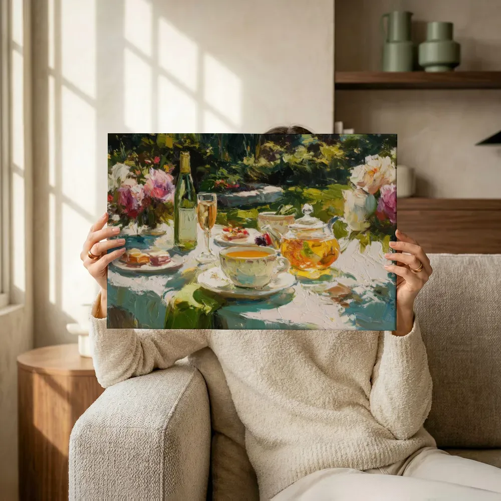 Sfeerimpressie: Glazen theepot met rozen terwijl het omhoog wordt gehouden