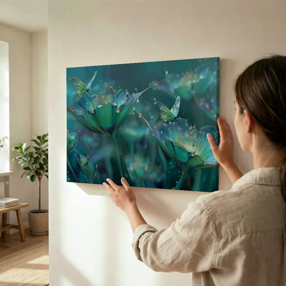Sfeerimpressie: Glazen turquoise bloemen met vlinders terwijl het wordt opgehangen