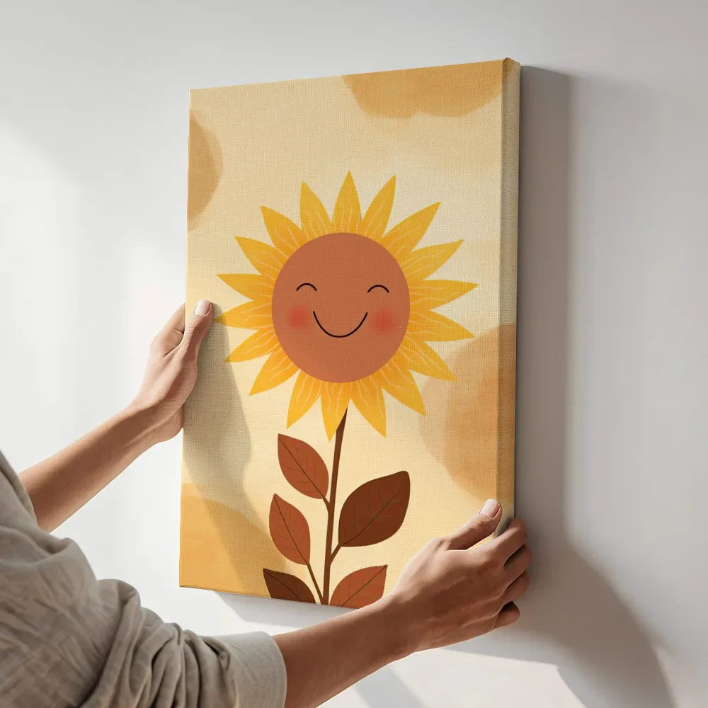 Sfeerimpressie: Glimlachende zonnebloem terwijl het aan de muur wordt gehangen