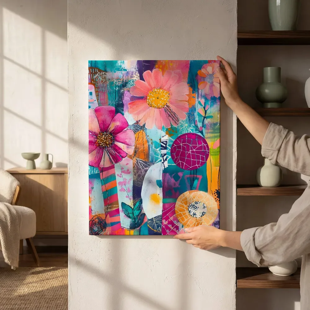 Sfeerimpressie: Glinsterende bloemen collage naast de kast