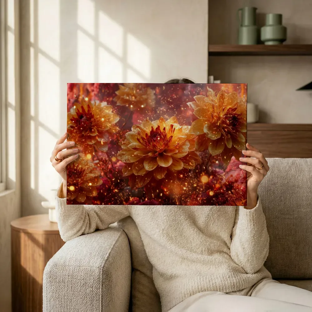 Sfeerimpressie: Glinsterende dahlia's in gouden gloed terwijl het omhoog wordt gehouden