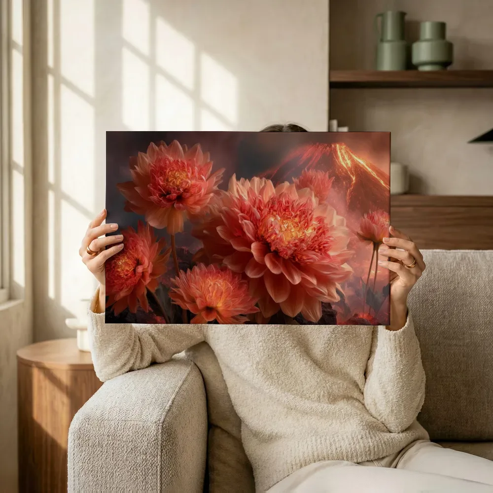 Sfeerimpressie: Gloeiende dahlia's en lava terwijl het omhoog wordt gehouden