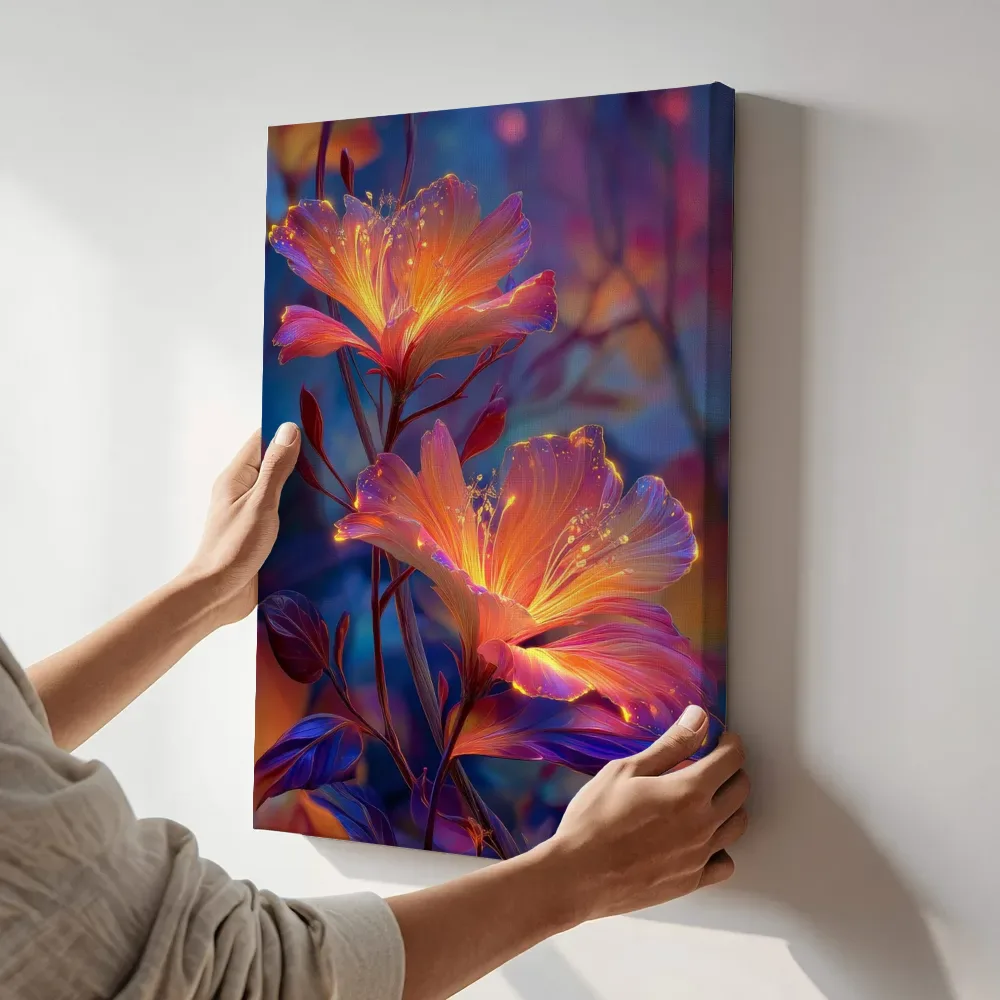 Sfeerimpressie: Gloeiende hibiscus in nachtblauw terwijl het aan de muur wordt gehangen